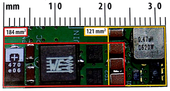 基于MOSFET(红色线框标示)与基于eGaN FET(黄色线框标示)19V转1.2V降压转换器的尺寸的比较