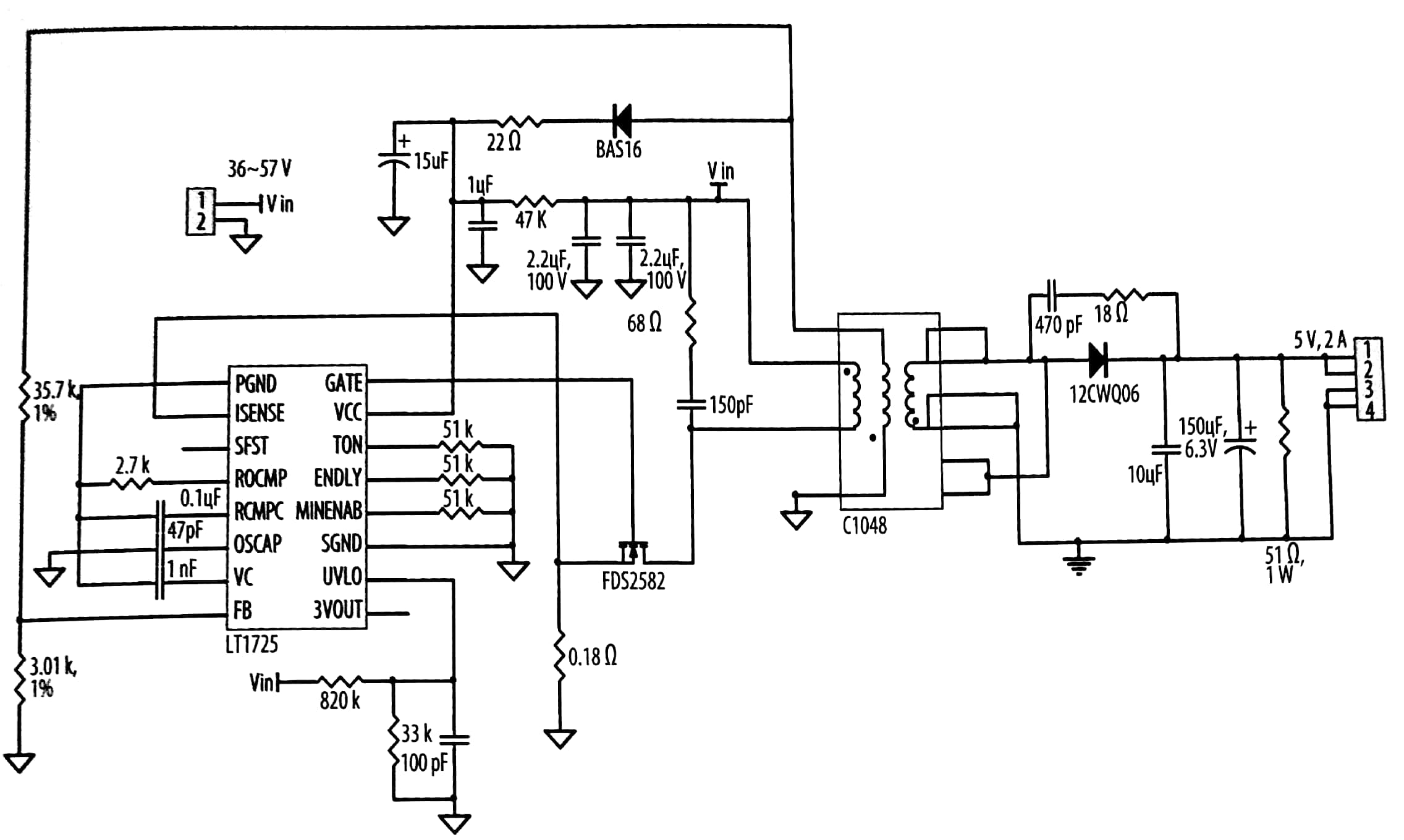 应用于以太网供电，LT1725的48V至5V、13W的反激式转換器