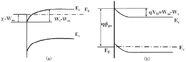 金属与n型和p型半导体接触形成半导体中多子反阻挡层时的能带示意图
